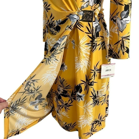 Anne Klein NEW Yellow Tropical Floral Dress 6 Jersey Stretch Draped Knee Length - Picture 8 of 11
